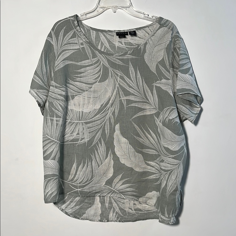 TAHARI Tropical Cottage 100% Linen Scoop Neck Hi-Lo Short SLV Palm Green Top 2X